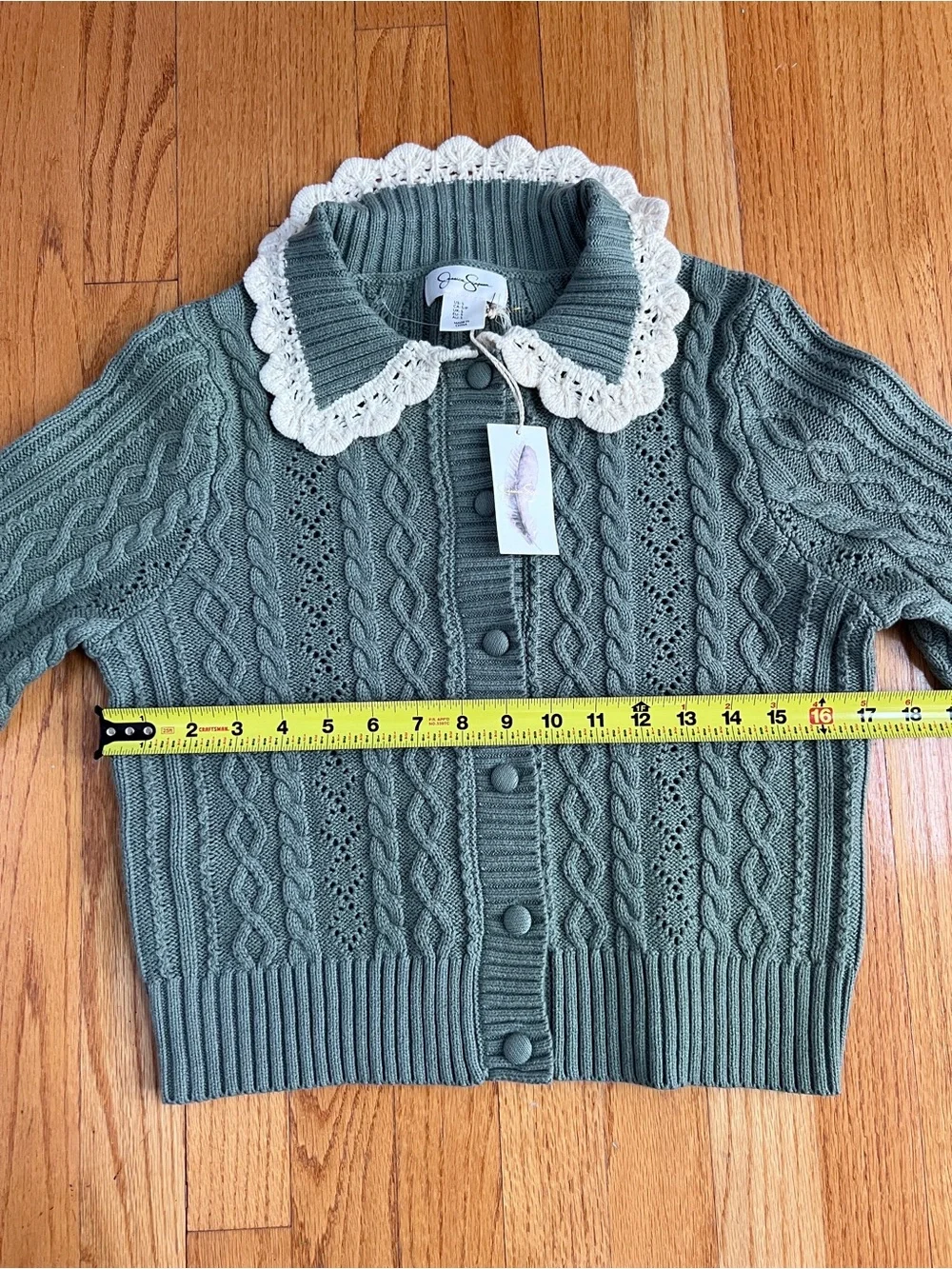 Sage Green Cable Knit Cardigan with Cream Crochet Lace Collar NWT - Picture 2 of 4